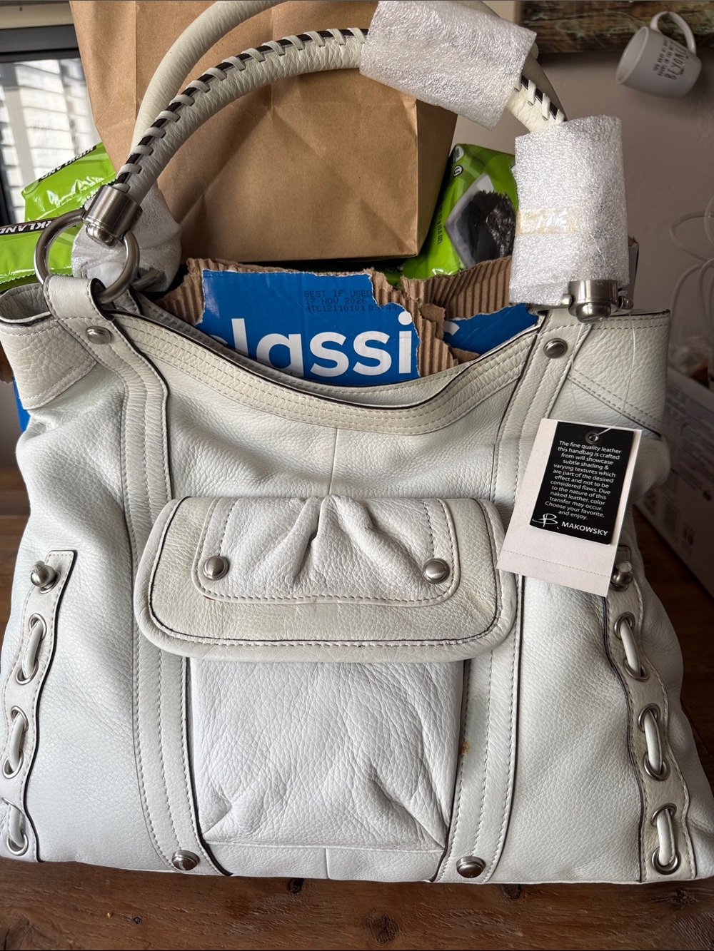 NWT b. makowsky White Leather Shoulder Tote with Braided Handle